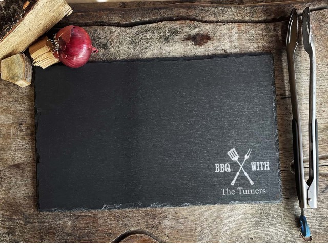 hand cut welsh slate serving tray with our served with love design